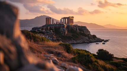 A photo of the Temple of Poseidon at Cape Sounion, with the Aegean Sea as the background, during a serene twilight