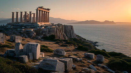 A photo of the Temple of Poseidon at Cape Sounion, with the Aegean Sea as the background, during a serene twilight