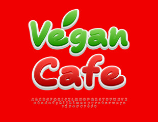 Vector advertising flyer Vegan Cafe. Red handwritten Font. Funny Bright Alphabet Letters and Numbers set.