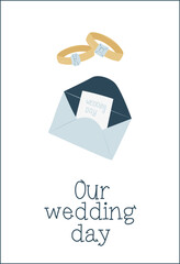 Wedding Invitation with Invitation, Wedding Rings on White Background