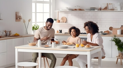 A happy African-American family has breakfast in a bright kitchen