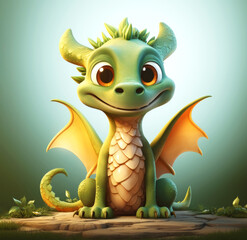 Charming green baby dragon with big, expressive eyes and playful horns. The greeny baby dinosaur with small wings is sitting on stone