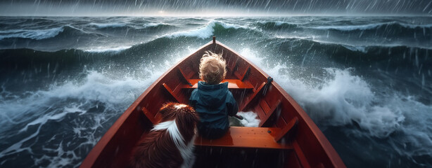 A young boy or toddler and a dog in a small rowboat try to navigate stormy seas during a thunderstorm in the middle of the ocean with giant waves - obrazy, fototapety, plakaty