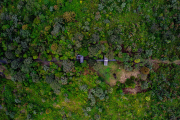 Aerial top view of a mirador in an abandoned national park located in Mauritius island