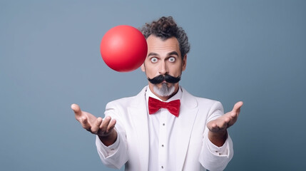 A juggler with a mustache and a white jacket juggles a red ball - obrazy, fototapety, plakaty