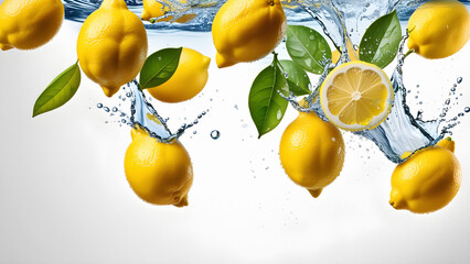 Fresh lemons falling into water with splash and leaves on white background - obrazy, fototapety, plakaty