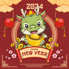 Fototapeta premium Chinese New Year With Cute Dragon And Gold Ingot. Year Of The Dragon. 2024