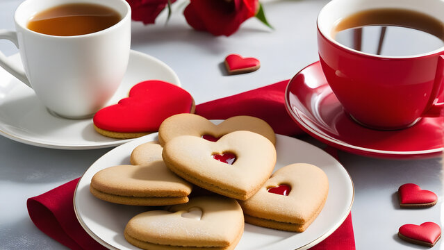 Two heart-shaped cookies and cup of tea on a wooden background