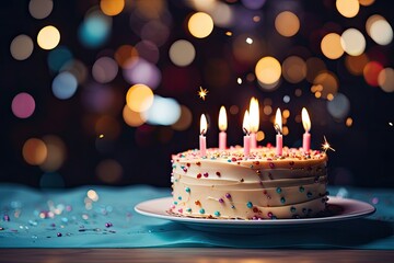 Happy Birthday Cake on a Table for a Family Celebration, Bokeh and Blurred Background, Food Wallpaper, Dessert Backdrop, Holiday Fun, Culinary Concept - obrazy, fototapety, plakaty