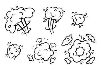 Comic bubble cloud. Track and trace. An abstract element of movement. Cartoon black and white illustration. Set of Funny smoke and steam.