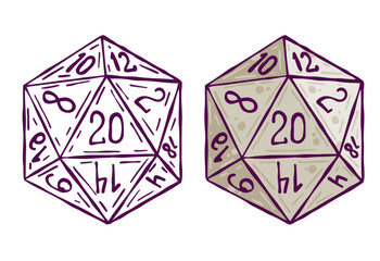 Dice d20 for playing Dnd. Dungeon and dragons board game. Cartoon outline drawn illustration - obrazy, fototapety, plakaty