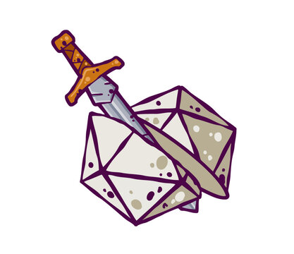 Cartoon dice for fantasy dnd and rpg Board game. The element d20 cut by the sword. Cartoon outline drawn illustration.