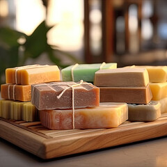 Organic handmade soap on a wooden board in the bathroom, home interior.