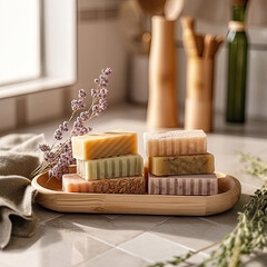 Organic handmade soap on a wooden board in the bathroom, home interior.