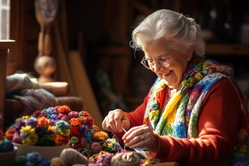 Obraz premium Elderly woman's hands knitting something from balls of yarn
