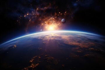 Earth with rising sun in space - obrazy, fototapety, plakaty