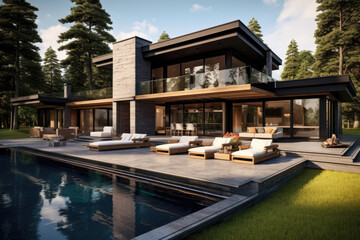 Obraz premium side view of a two-story house with garden and pool