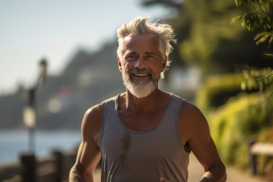A mature, sporty man with a beard and silver hair goes for a run along the summer seaside city.