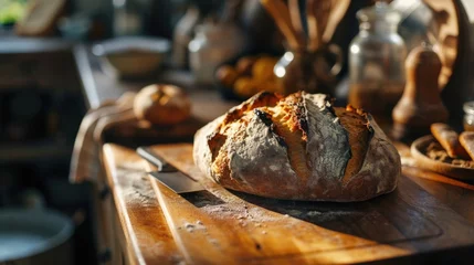 Rolgordijnen freshly baked sourdough bread, artisan kitchen, simplicity, morning sunlight. © Татьяна Креминская