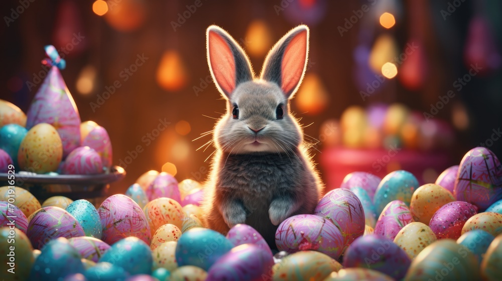 Wall mural Cute bunny with Easter eggs on a colorful background - Wall murals