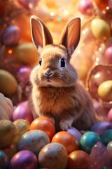Fototapeta na wymiar Happy Easter. Realistic cute bunny and colorful Easter eggs