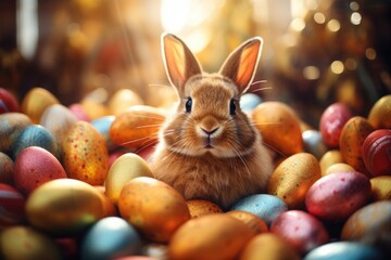 Happy Easter. Realistic cute bunny and colorful Easter eggs