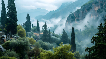 A photo of the Oracle of Delphi, with verdant forests as the background, during a foggy dawn - obrazy, fototapety, plakaty