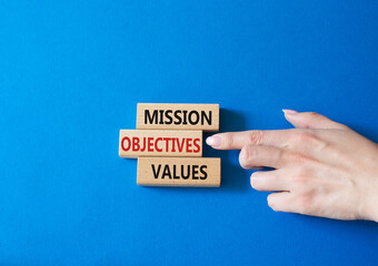 Mission Objectives Values symbol. Concept words Mission Objectives Values on wooden blocks....