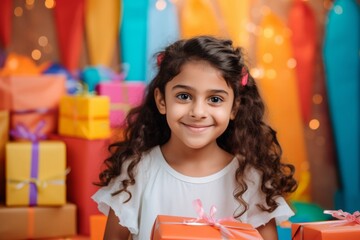 happy indian child girl with gift boxes tied ribbons and colorful paper decorations for the holiday