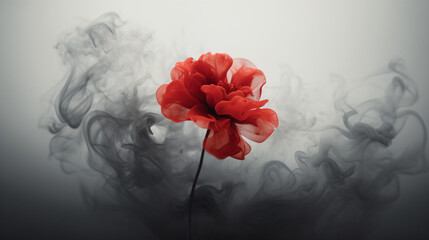 Red flower surrounded by smoke