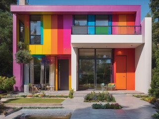 A modern house model, featuring a variety of vibrant colors reflective of the LGBT community, with open doors and windows representing an inviting atmosphere - generated by ai