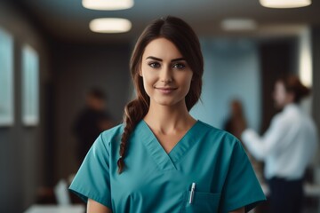 Fototapeta premium Happy woman medical assistant in clinic. Nurse in uniform doctor at hospital