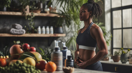 Fitness New year resolutions. Black African American Fit Woman in modern kitchen with fresh fruits and nutritional supplements, embodying balanced approach to health and fitness. - obrazy, fototapety, plakaty
