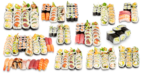 Set of sushi rolls. Sushi menu. Japanese food. Isolated .