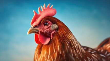 Portrait of a beautiful colorful rooster with a bright red comb on a colorful summer background.Countryside concept with domestic bird close up on the farm.