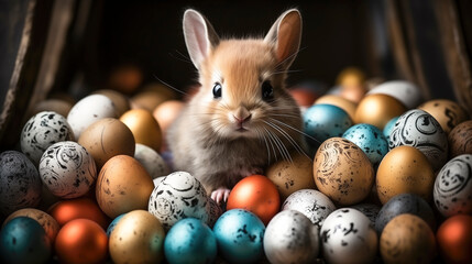 Fototapeta na wymiar Small Rabbit Surrounded by Colorful Easter Eggs