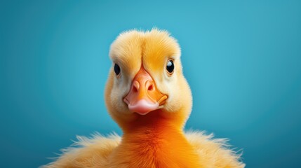 Front view of a cute little duck on a blue background