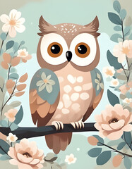 Owl on the branch, cartoon animals, child book illustration