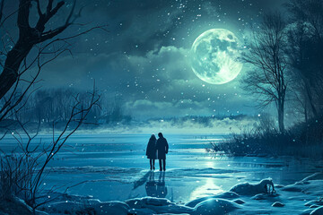couple ice skating on a frozen pond, with a full moon in the sky