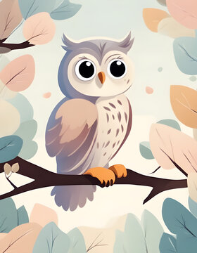 Owl on the branch, cartoon animals, child book ilustration
