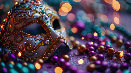 Still Life colorful Mardi Gras beads and masks, vibrant purple backdrop, vivid purples, greens, and golds, festive atmosphere