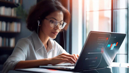 Woman working on laptop computer, watching video player, telework concept of webinar, Generative AI