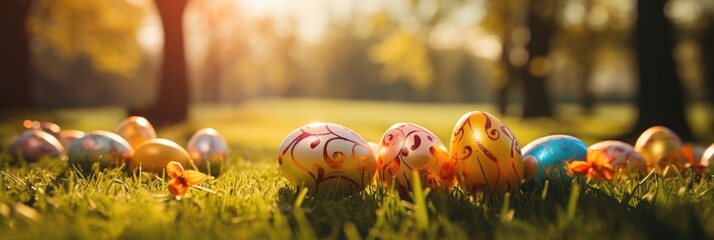 Decorated easter eggs in green grass on a sunset sky background.