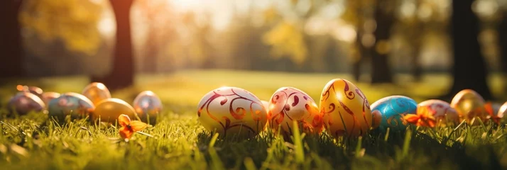Photo sur Plexiglas Couleur miel Decorated easter eggs in green grass on a sunset sky background.