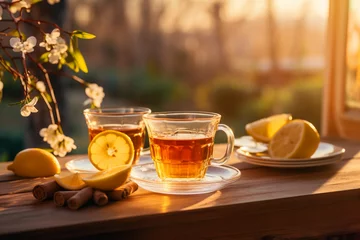 Schilderijen op glas cup of tea with honey, lemon and ginger © Игорь Ваторин