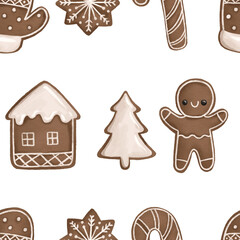 Seamless holiday pattern with Christmas baked goods, gingerbread cookies. Bakery decorated with white icing and on a transparent background. Hand drawn illustration