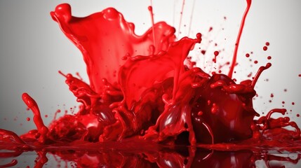 Dynamic Explosion of Vibrant Red Paint Splashes Against a Pristine gray Background, Illustrating Movement and Energy in Vivid Hues. Blood flowing and splatter.