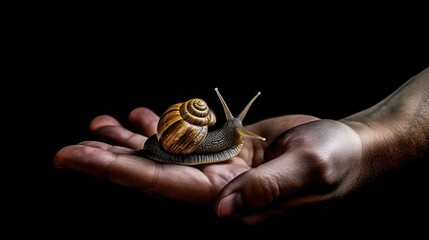 A Gentle Touch in the Darkness, a Human Hand Cradling a Majestic Brown Snail isolated black background.