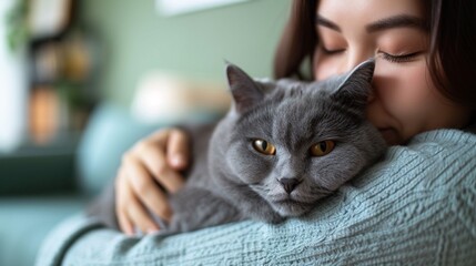 Close up of gentle young asian woman hugging cute grey persian cat on couch in living room at home, Adorable domestic pet concept, with copy space for text.