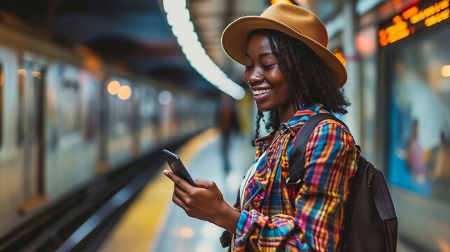 African American woman in the subway smiling and text to her friends with smart phone, copy space.